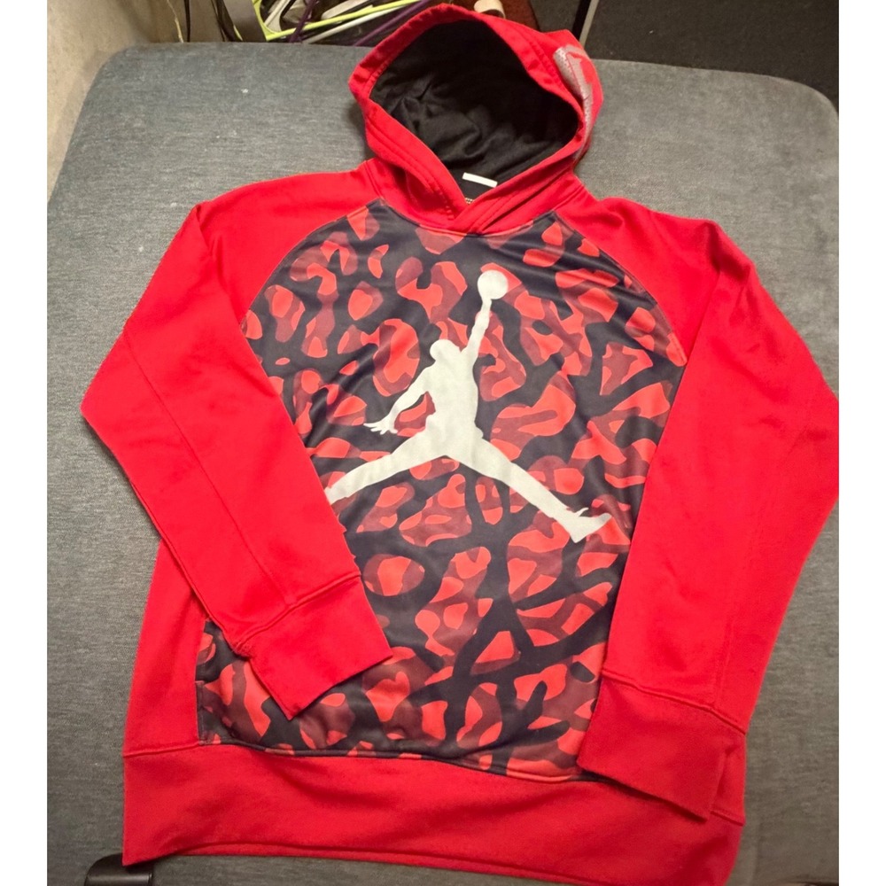 Jordan Boys Red Therma-Fit Elephant Print Jumpman Hoodie Sweatshirt Large 12-13Y